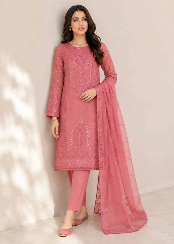 Rose Pink Embroidered Chiffon Kurta Set with Sequins