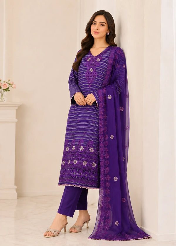 Violet Grace – Purple Premium Embroidered Linen Dress with Chiffon Dupatta