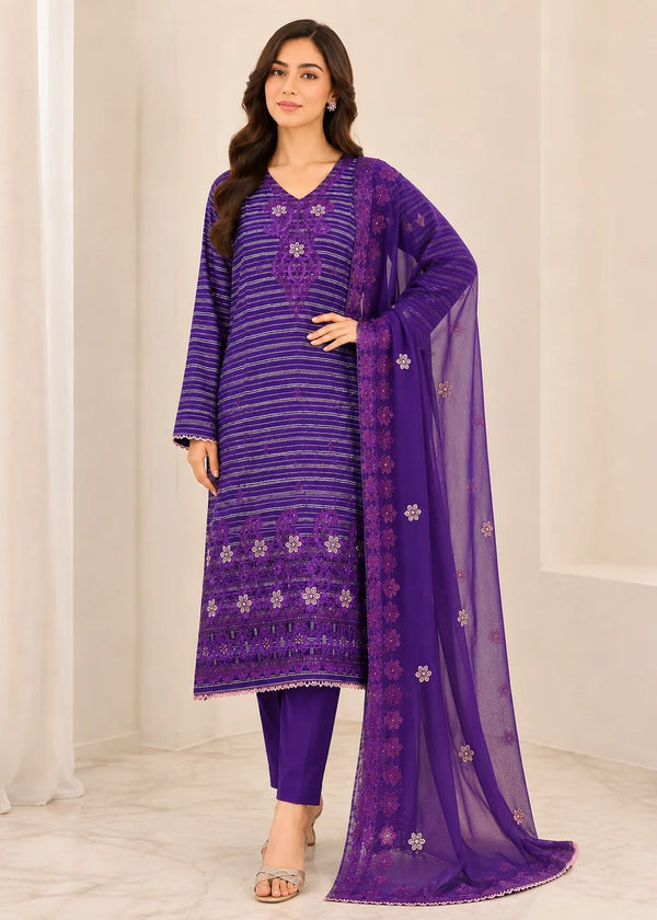 Violet Grace – Purple Premium Embroidered Linen Dress with Chiffon Dupatta