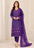 Violet Grace – Purple Premium Embroidered Linen Dress with Chiffon Dupatta