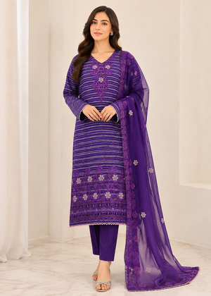 Violet Grace – Purple Premium Embroidered Linen Dress with Chiffon Dupatta