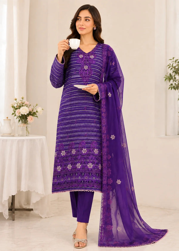 Violet Grace – Purple Premium Embroidered Linen Dress with Chiffon Dupatta