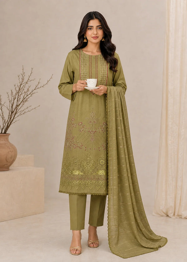 Olive Whisper – Olive Premium Embroidered Lawn 3PC Dress with Lawn Dupatta