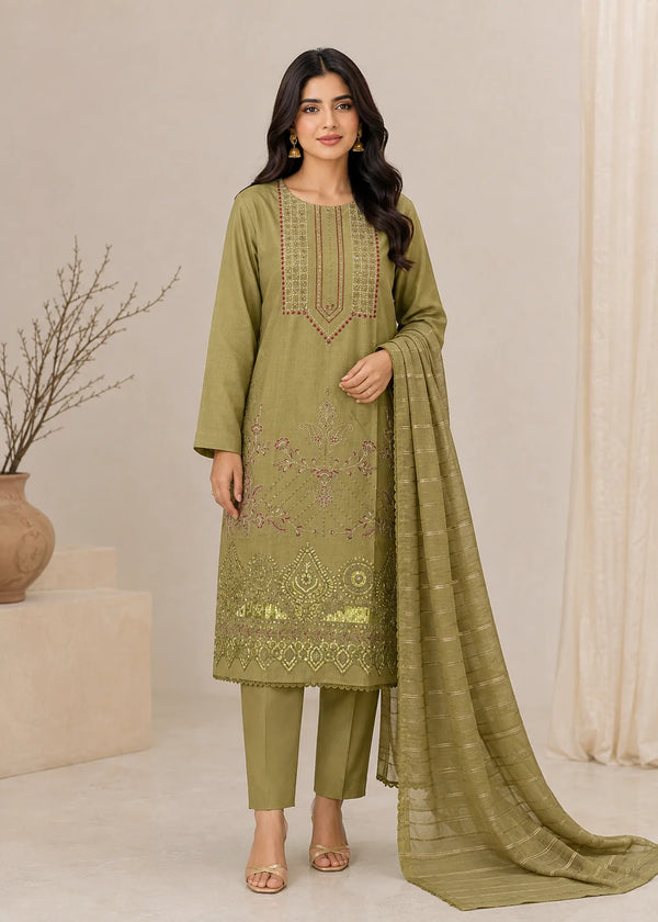 Olive Whisper – Olive Premium Embroidered Lawn 3PC Dress with Lawn Dupatta