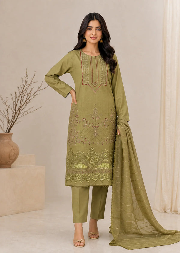 Olive Whisper – Olive Premium Embroidered Lawn 3PC Dress with Lawn Dupatta