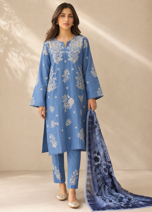 Light Blue Embroidered Cotton Kurta Set with Printed Net Dupatta