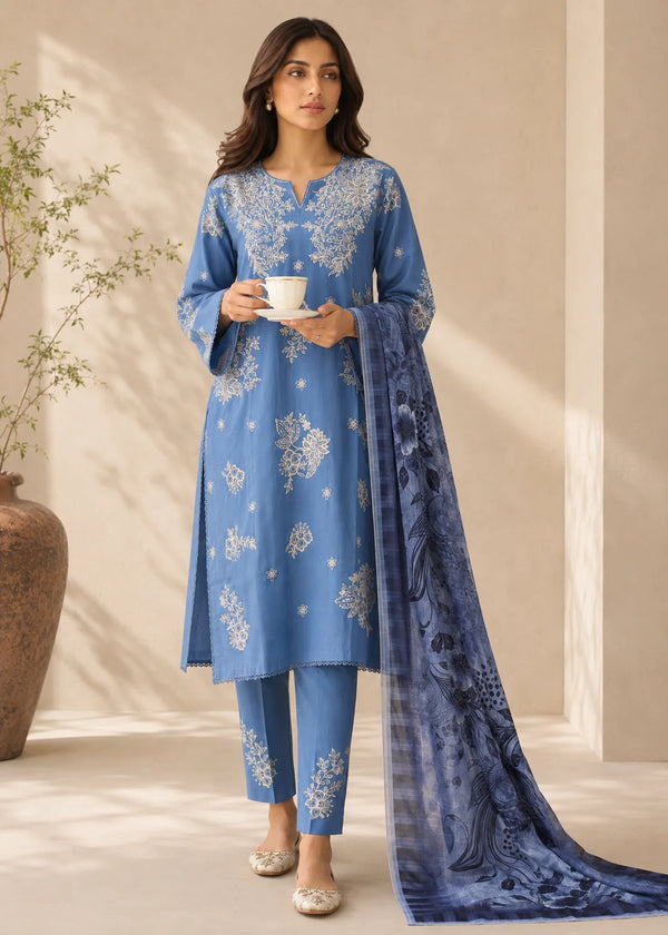 Light Blue Embroidered Cotton Kurta Set with Printed Net Dupatta