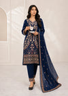 Navy Blue Embroidered Chiffon Kurta Set with Raw Silk Trousers