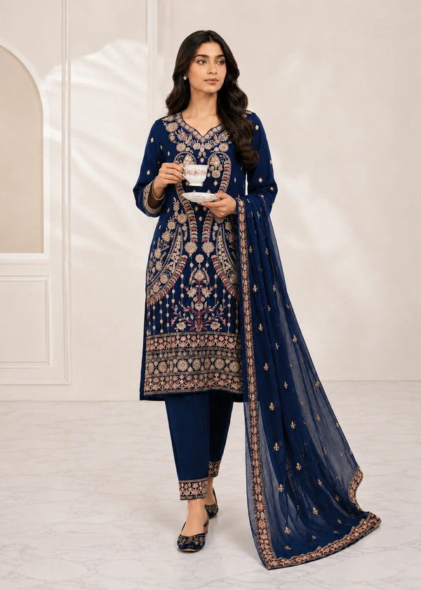 Navy Blue Embroidered Chiffon Kurta Set with Raw Silk Trousers