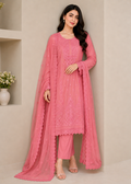 Embroidered Rose Pink Chiffon Kurta Set with Dupatta