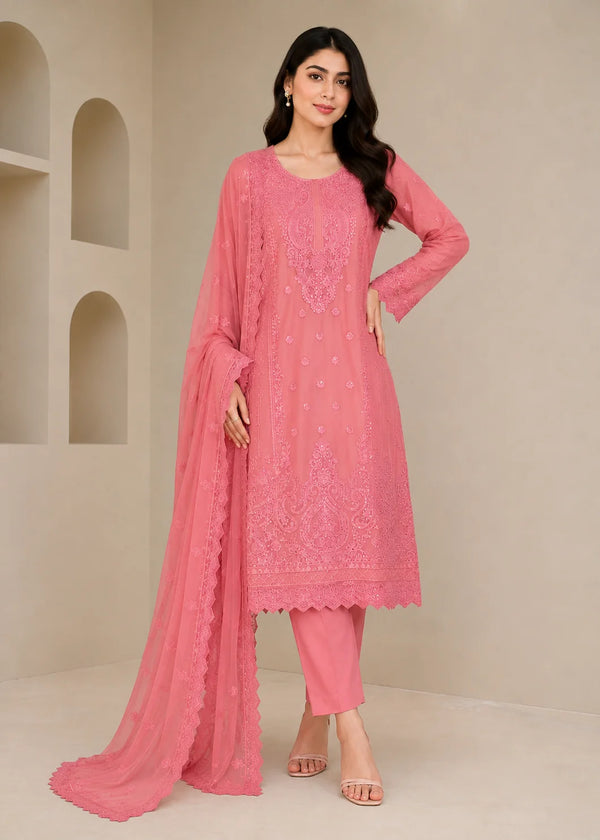 Embroidered Rose Pink Chiffon Kurta Set with Dupatta