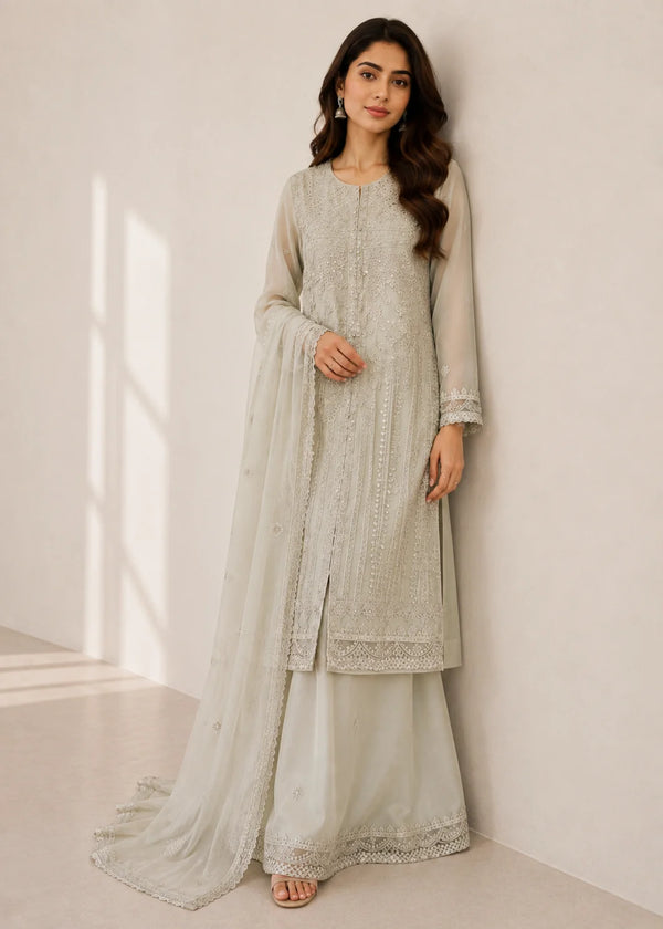 ivory Elegance – Embroidered Chiffon 3 Piece Set