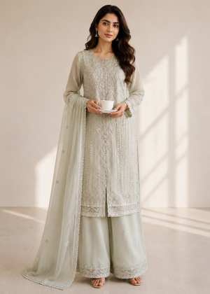 ivory Elegance – Embroidered Chiffon 3 Piece Set