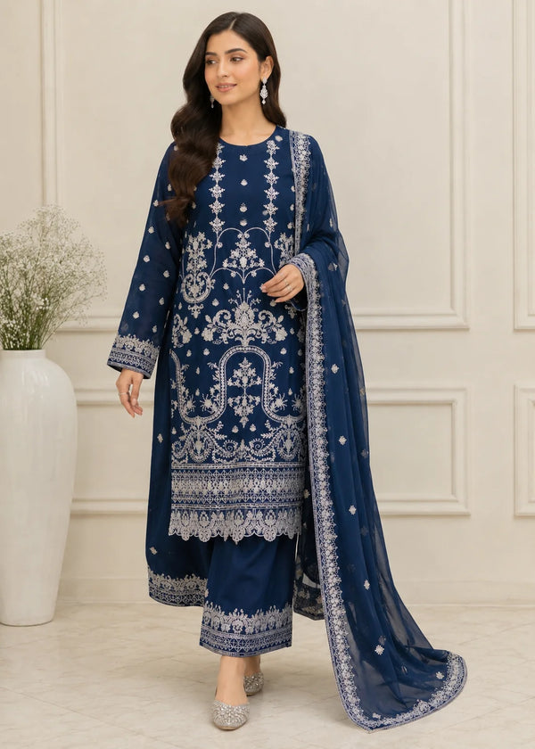 Navy Grace – Festive Embroidered Chiffon 3PC Set
