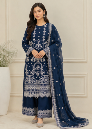 Navy Grace – Festive Embroidered Chiffon 3PC Set
