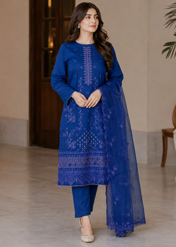Navy Blue Embroidered Lawn Kurta Set with chiffon Dupatta