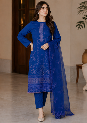 Navy Blue Embroidered Lawn Kurta Set with chiffon Dupatta