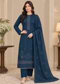 Blue Embroidered Cotton Kurta Set with Chiffon Dupatta