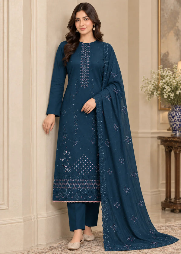 Blue Embroidered Cotton Kurta Set with Chiffon Dupatta