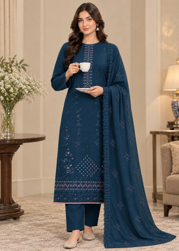 Blue Embroidered Cotton Kurta Set with Chiffon Dupatta
