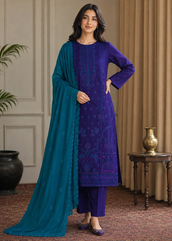 Purple Embroidered Linen Kurta Set with Teal Chiffon Dupatta