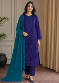 Purple Embroidered Linen Kurta Set with Teal Chiffon Dupatta