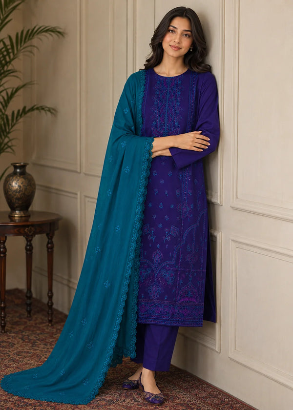Purple Embroidered Linen Kurta Set with Teal Chiffon Dupatta