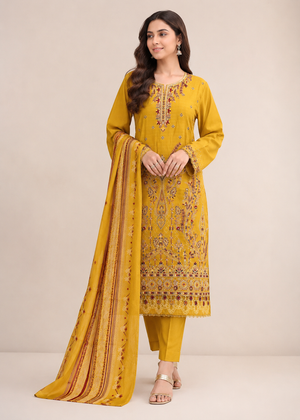 Mustard Embroidered Lawn Kurta Set with Striped Dupatta