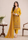 Mustard Embroidered Lawn Kurta Set with Striped Dupatta