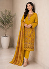 Mustard Embroidered Lawn Kurta Set with Striped Dupatta