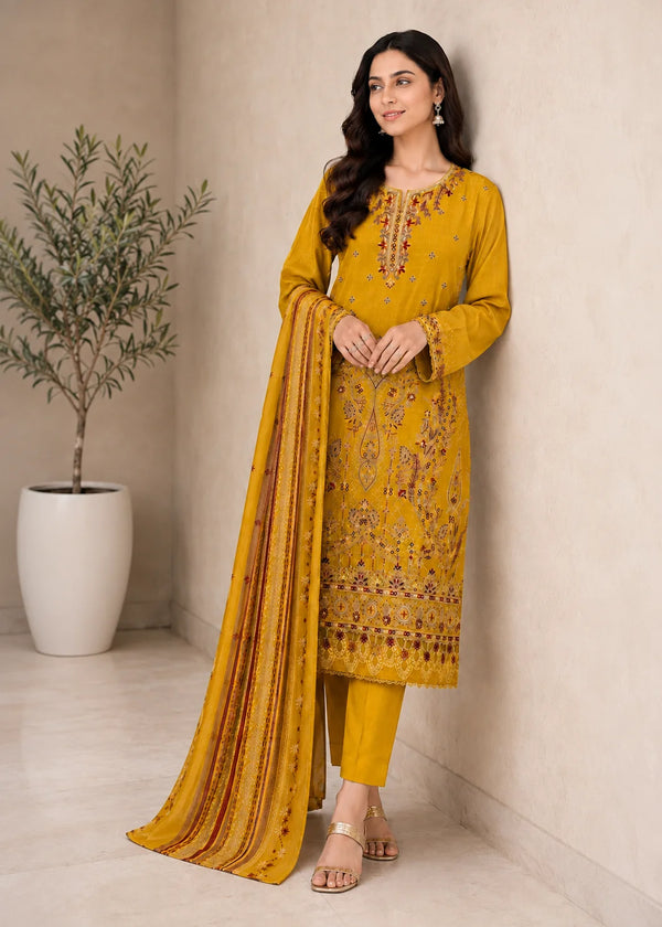 Mustard Embroidered Lawn Kurta Set with Striped Dupatta