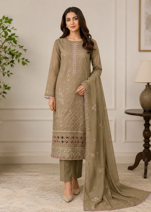 Caramel Brown Embroidered Cotton Kurta Set with Mirror Work