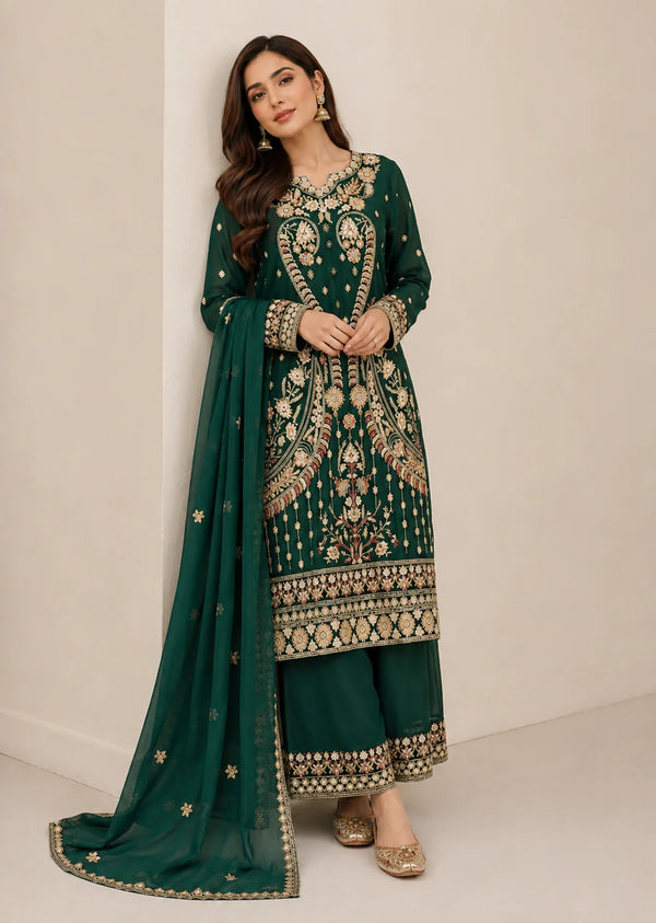 Elegant Forest Green Embroidered Chiffon Kurta Set with Dupatta