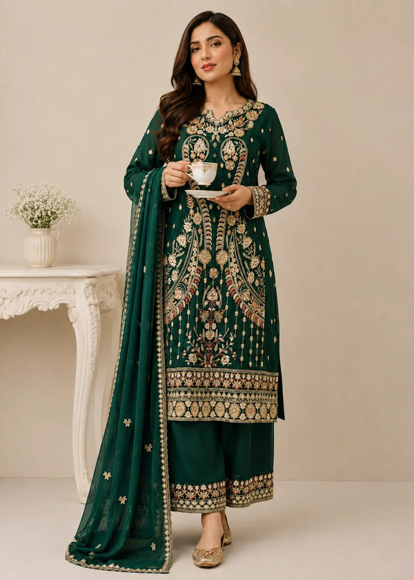 Elegant Forest Green Embroidered Chiffon Kurta Set with Dupatta
