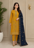 Mustard Embroidered linen Kurta Set with Navy Chiffon Dupatta