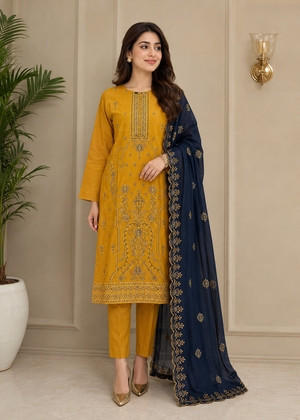 Mustard Embroidered linen Kurta Set with Navy Chiffon Dupatta