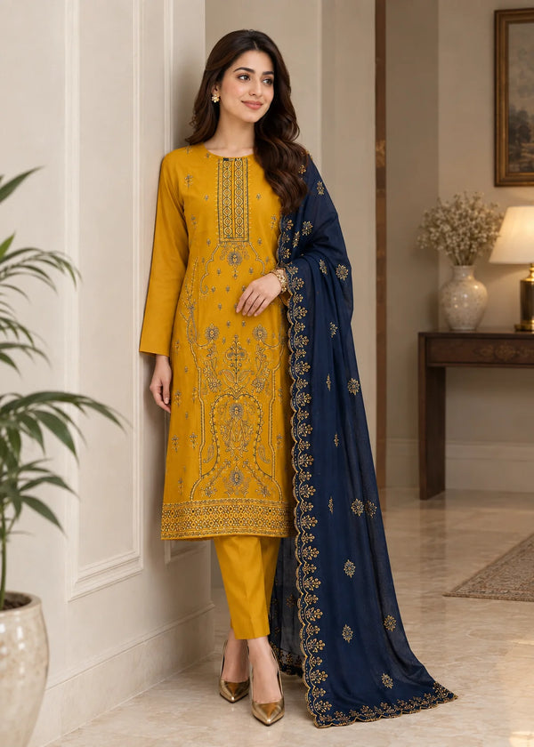 Mustard Embroidered linen Kurta Set with Navy Chiffon Dupatta