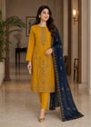 Mustard Embroidered linen Kurta Set with Navy Chiffon Dupatta