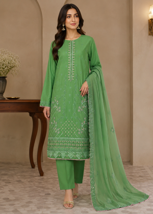 Lime Green Embroidered Lawn Cotton Kurta Set with Chiffon Dupata