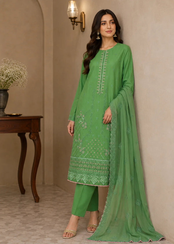 Lime Green Embroidered Lawn Cotton Kurta Set with Chiffon Dupata