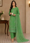 Lime Green Embroidered Lawn Cotton Kurta Set with Chiffon Dupata
