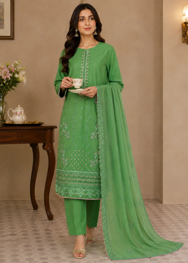 Lime Green Embroidered Lawn Cotton Kurta Set with Chiffon Dupata