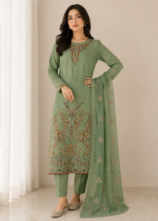 Sage Green Embroidered Kurta Set with Chiffon Dupatta