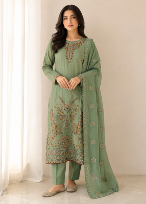 Sage Green Embroidered Kurta Set with Chiffon Dupatta