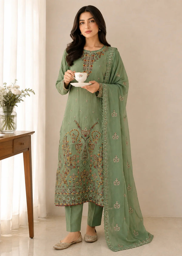 Sage Green Embroidered Kurta Set with Chiffon Dupatta