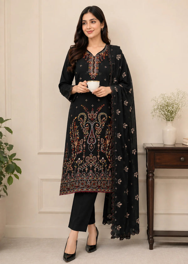 Black Aura Embroidered Cotton Kurta Set with Chiffon Dupatta