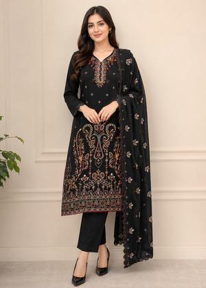 Black Aura Embroidered Cotton Kurta Set with Chiffon Dupatta
