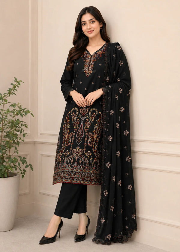 Black Aura Embroidered Cotton Kurta Set with Chiffon Dupatta