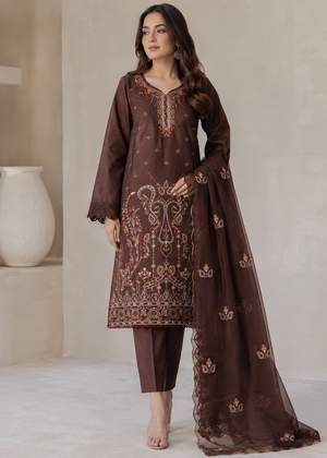 Embroidered Brown Cotton Kurta Set with Chiffon Dupatta