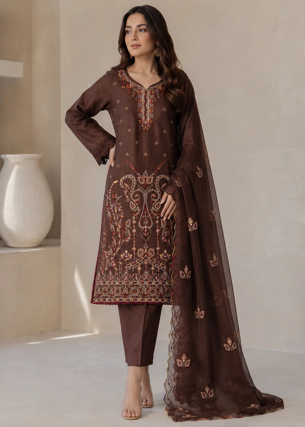 Embroidered Brown Cotton Kurta Set with Chiffon Dupatta